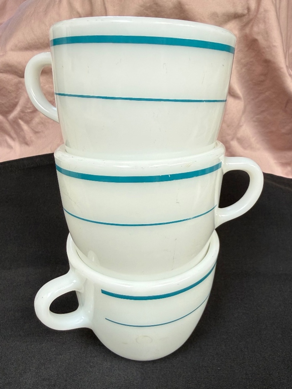 Vintage Pyrex Milk Glass Teal Stripe Mugs Set of 3 | #723 Corning